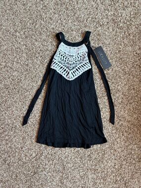 black tank top with white crochet yoke